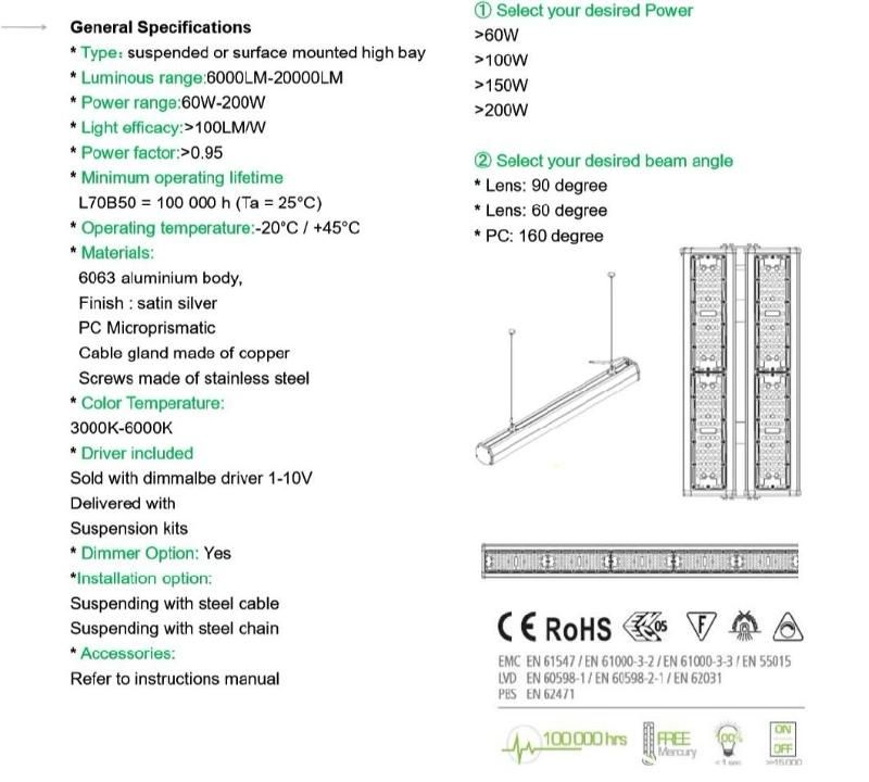 6500K 150W 1.2m LED Linear High Lumen High Bay Light for Industrial Lighting with Ce & RoHS