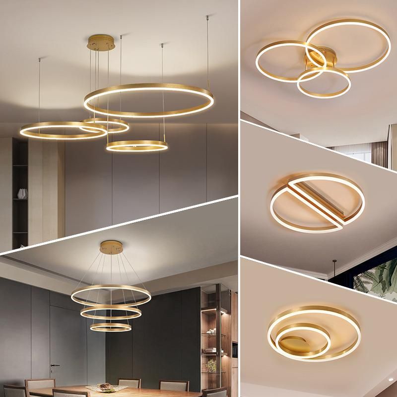 Simple Hanging Decorative Ceiling Pendant Lights Circle Rings Acrylic Gold Luxury Modern LED Chandelier