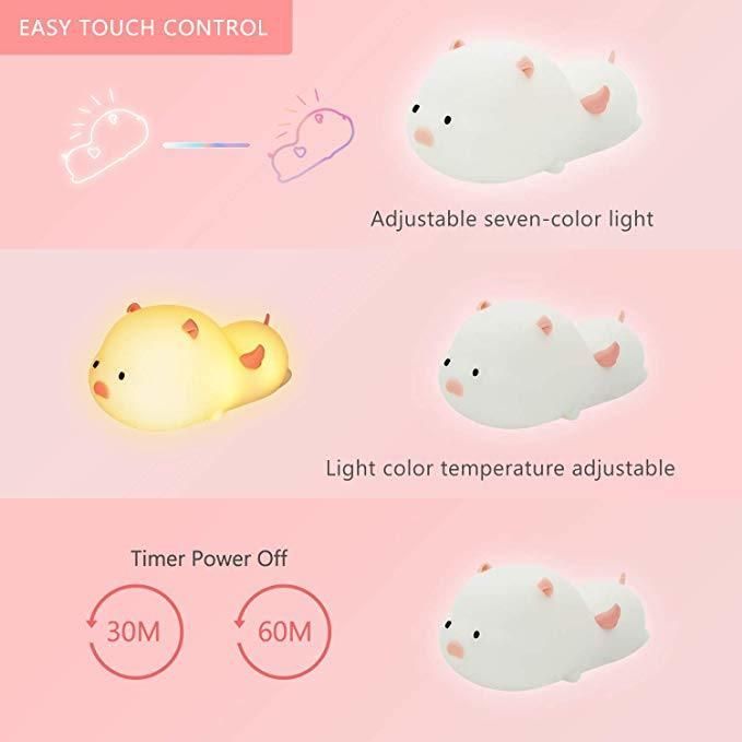 New Design Children Baby Bedside Silicone Light Touch Control Changing Tap Pig LED Night Light