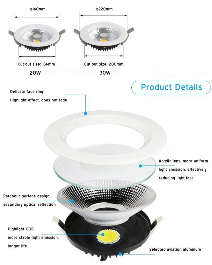 Good Quality 7W 10W 12W 15W 20W 30W LED Down Light Die-Casting Aluminum COB LED Downlight