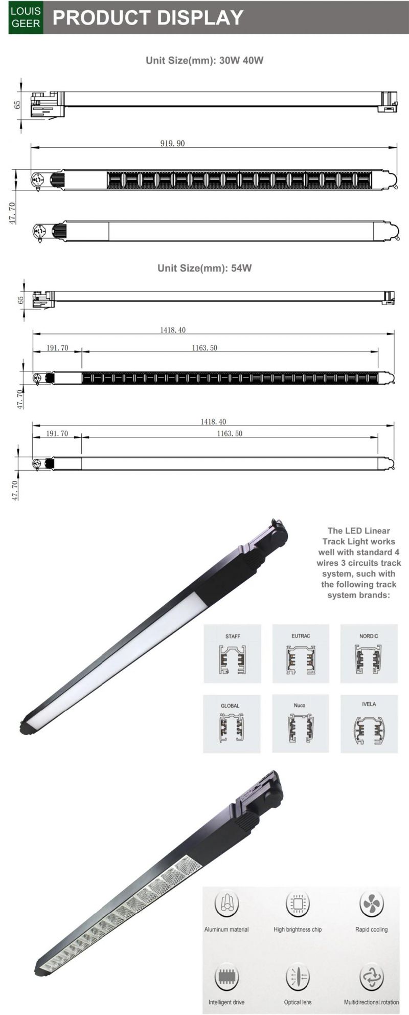 30W 40W 54W Suspension Surface Recessed LED Linear Light for Office, Supermarket, Living Room