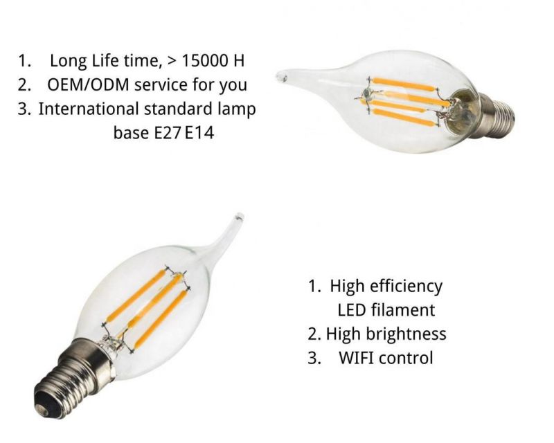 Larger Filament Chip, Higher Efficiency 3000K/4000K/6500K Glass Cover + LED Filament Flame Filament Lamps