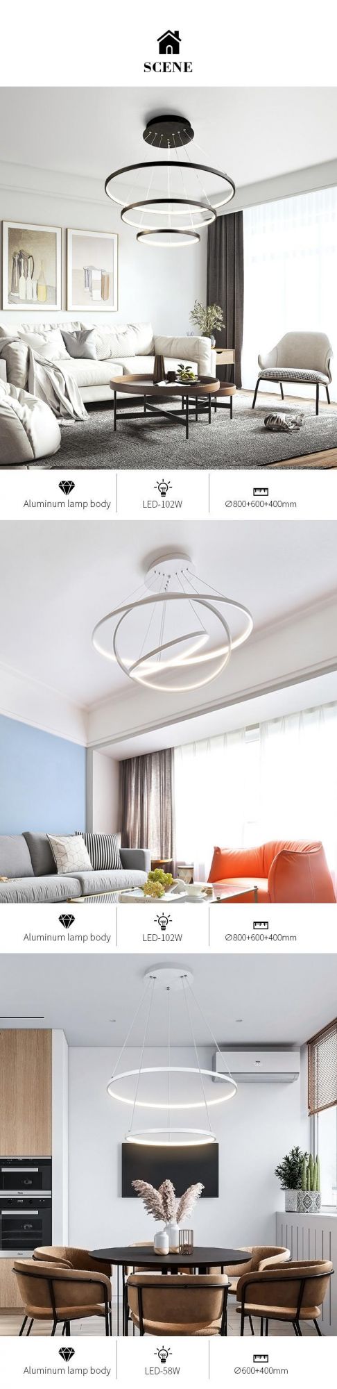 Nordic Classic Ring Circle Acrylic Lamp Black Aluminum Kitchen 3 Rings Modern Luxury LED 80W Chandelier Pendant Light