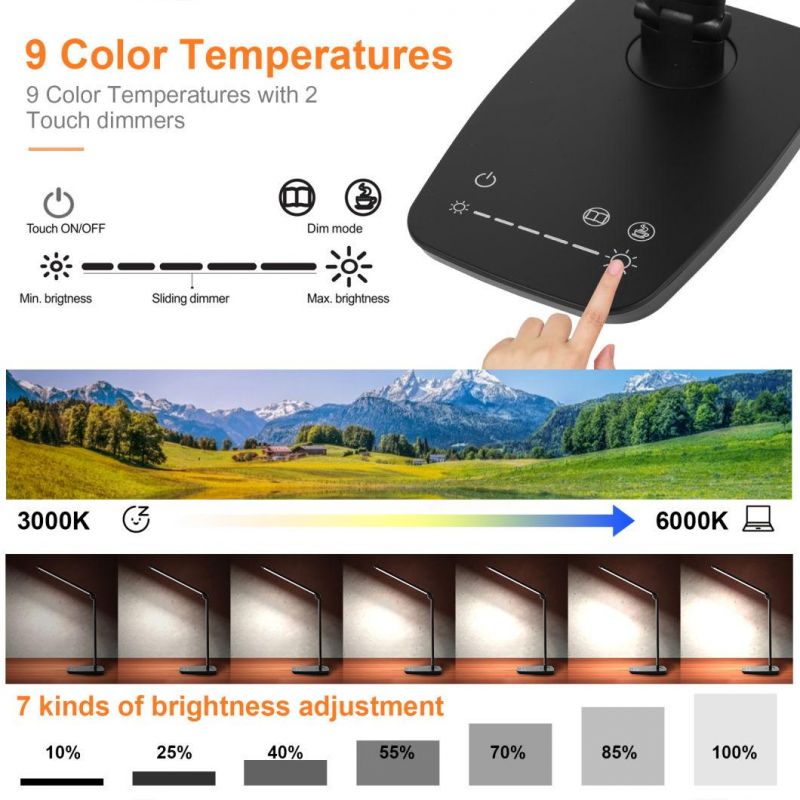 LED Desk Lamp Adjustable, Dimmable Table Lamp Eye Care Energy-Saving, LED Folding Office Reading Light(10W/12V, Touch Control, USB Charging Port, 5-Level Dimmer