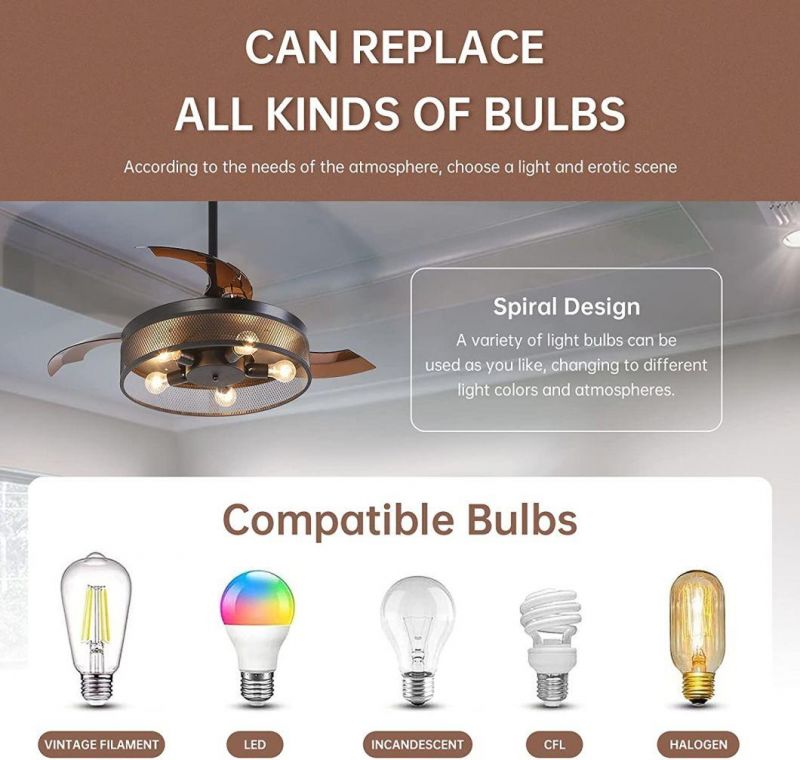 Ceiling Fan Metal Element Acrylic Popular Blades Invisible Ceiling Fan with Lights and Remote Control