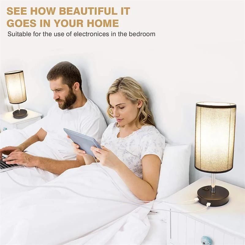 USB Charging Night Lighting Bedroom Bedside Touch Dimming Black LED Table Lamp