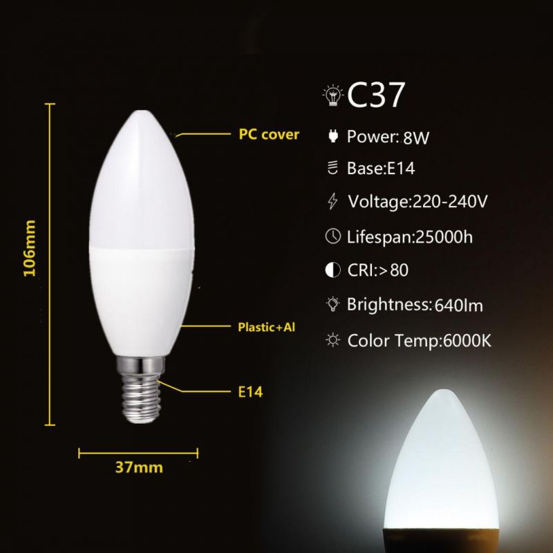 Chinese Manufacturers LED Candle Lamp C37 8W E14 E27 B22 Energy Saving Lamp New ERP CE Approval LED Bulb Light 2years Warranty Indoor Lighting