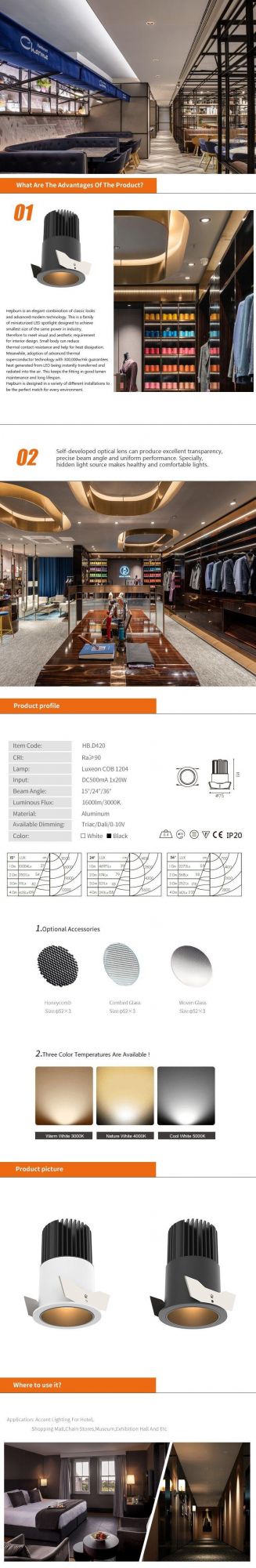 High Lumen COB Recessed Ceiling Downlight Round 20W CE Approved Trim LED Down Lights