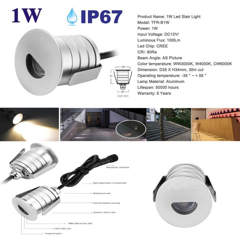 12V Dimmable Mini LED Spotlight 1W IP67 Stair Spot Light
