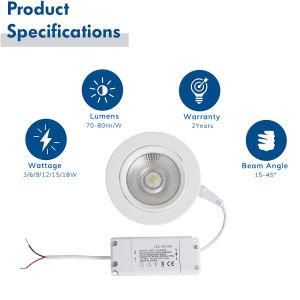2 Inch LED Downlight, 6W9w 12W 15W 18W Recessed Lighting Dimmable, 5000K Daylight White, CRI 80, LED Ceiling Lights with LED Driver, 6 Pack
