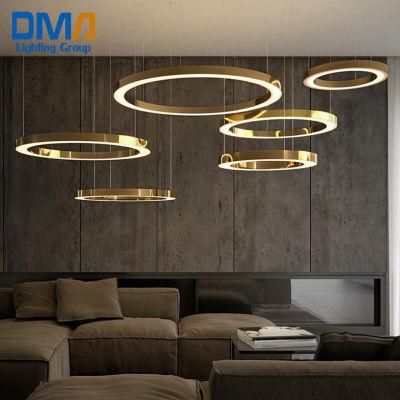 New Design Gold Rings Remote Control LED Hanging Pendant Light Dimmable for Villa