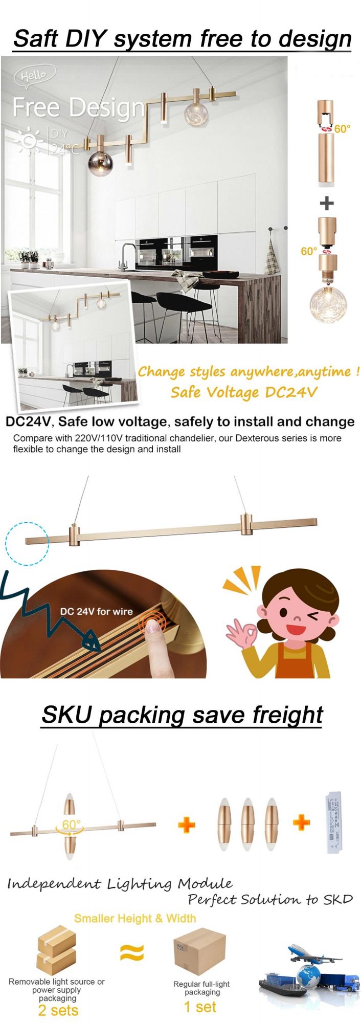 Dexterous Series DC24V LED36W 3000K or 6000K Home Hotel Designer Decoration Modern Ceiling Chandelier Black or Golden Pendant Lamp Indoor DIY Lights