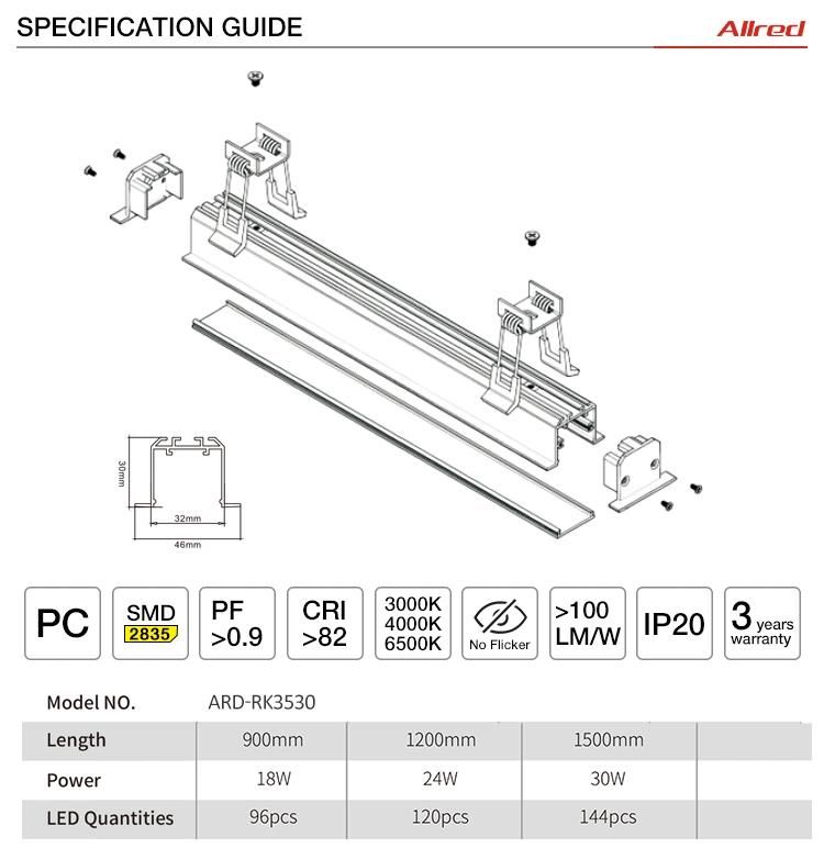 Aluminum LED Linear Light Recessed Mounting for Office