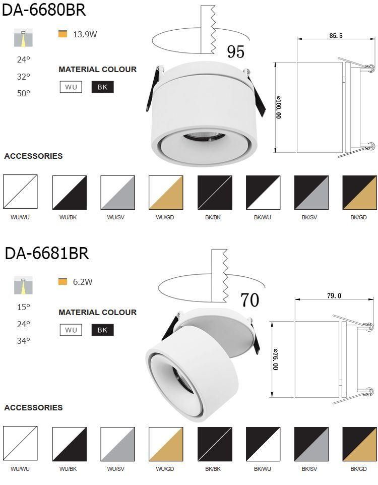 Office 6.2W 9.3W 15deg 24deg 34deg Adjustable Recessed Mounted Round Ceilinglight