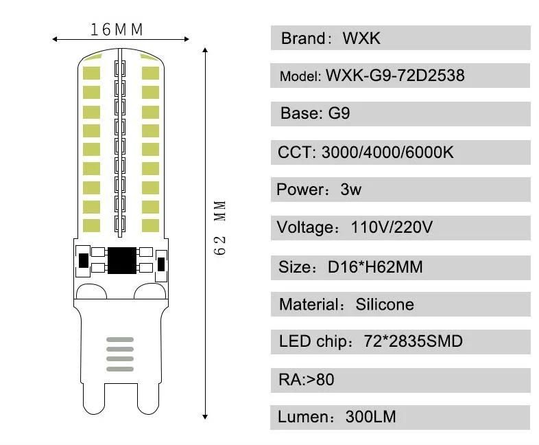 LED G9 LED Bulb 3W 300lm Silicone Body LED Bulb for Landscape Fixture Pendant and Courtyard Light