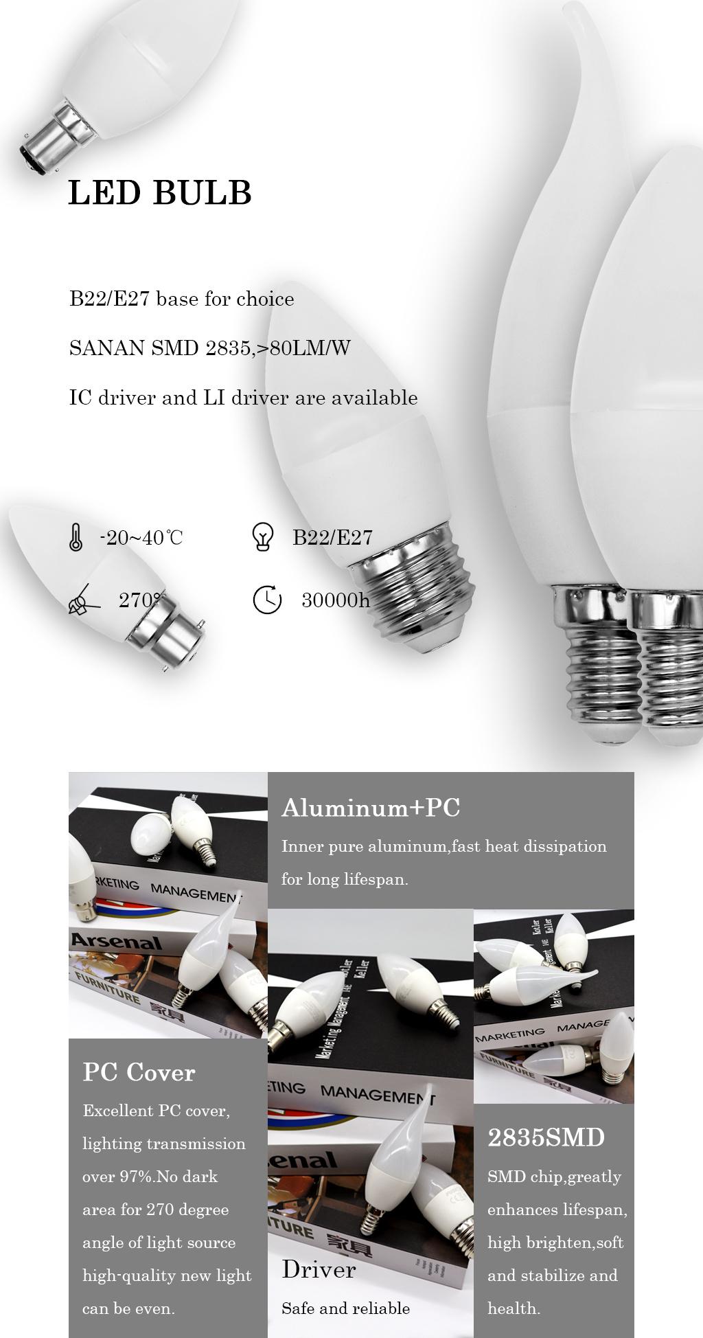 LED Candle Light C37 3W E27/E14/B22 Energy Saving LED Lamp with CE RoHS ERP Approval 220-240V IP20 2 Years Warranty LED Bulb for Indoor Lighting