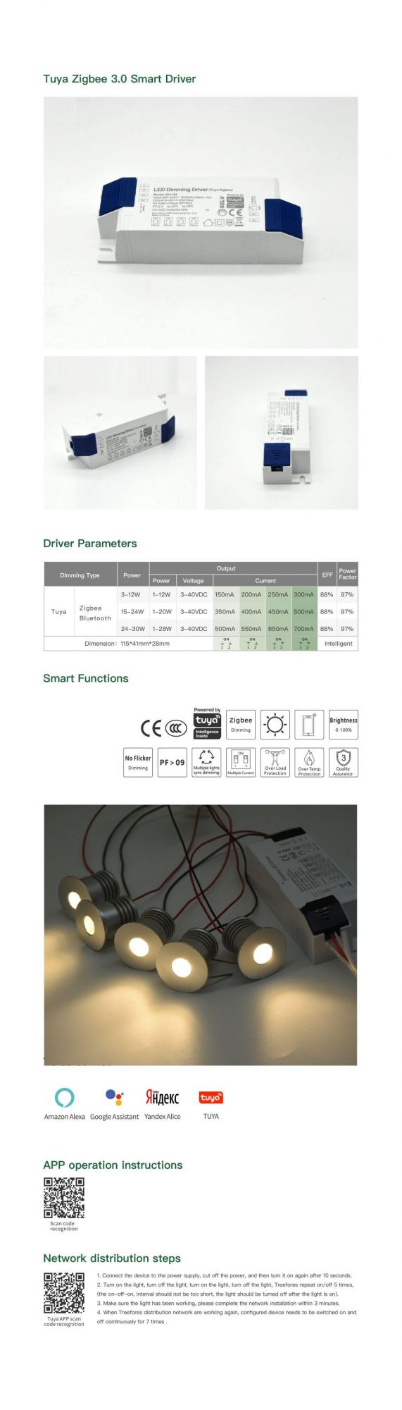 Indoor Stair Bathroom Lighting 1W LED Spot Light with Tuya WiFi Smart Driver Adapter