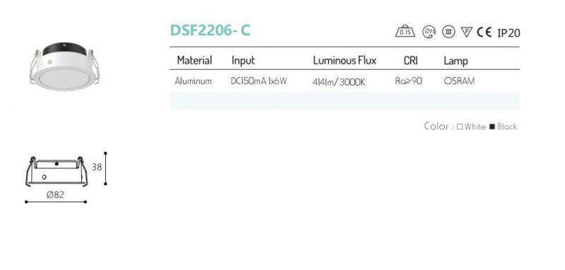 Indoor Dimmable 1*6W Recessed LED Downlight