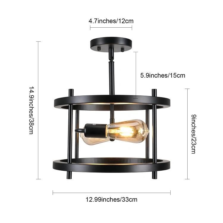 Matte Black Semi Recessed Ceiling Light Fixtures 2 Lights E26 Farmhouse Pendant Light Retro Industrial Ceiling LED Chandeliers