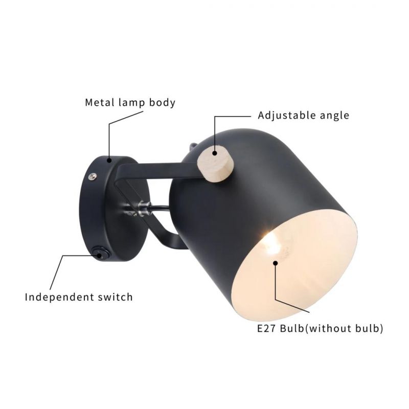 Metal Material & Wood Wall Lamp White/Black Color E27 Spot Wall Light for Home Decoration