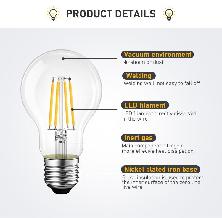 High Quality SKD LED Filament Bulb 4W 6W 8W A60 Wide Beam Angle LED Light for Home Decoration