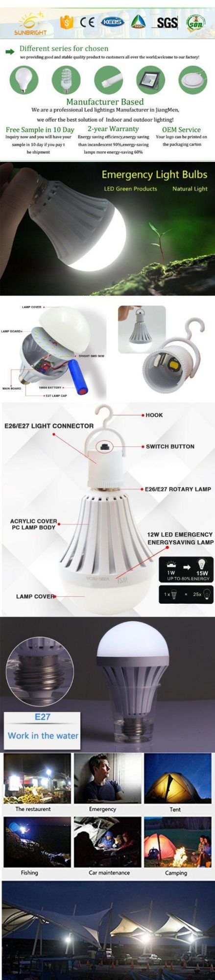 5W 7W 9W 85-265V LED Rechargeable Bulb Emergency Light