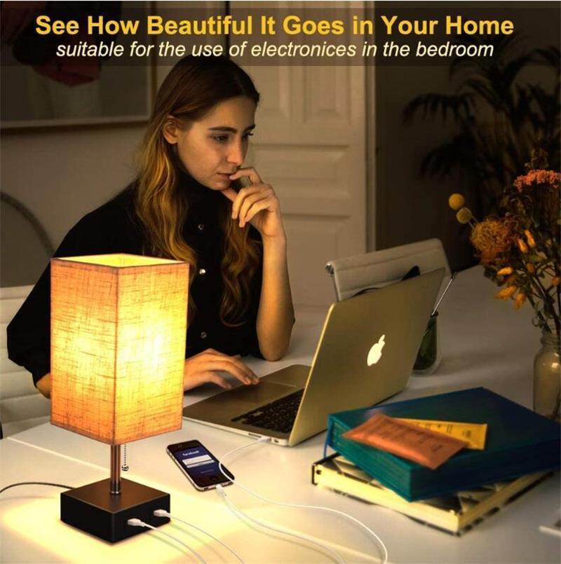LED Simple Square Linen Indoor Desk Light Bedside Lighting USB Rechargeable Table Lamp