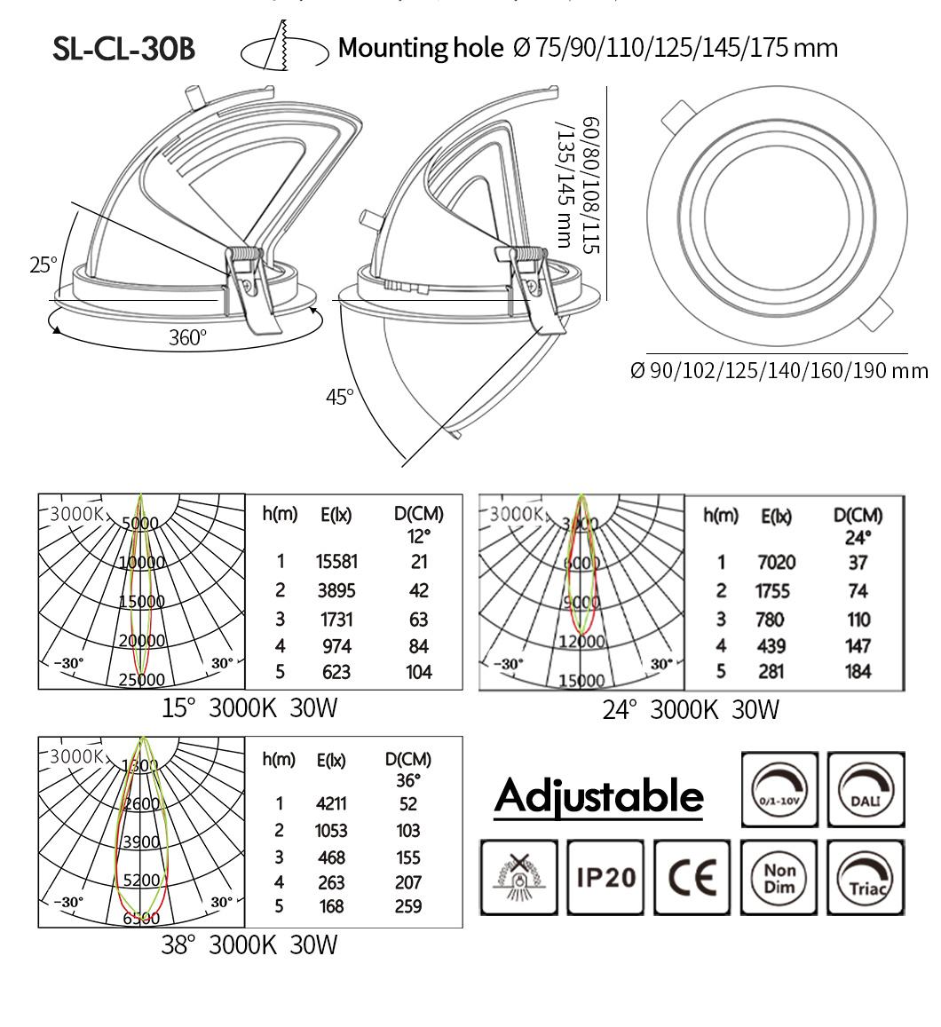 10W 20W 30W Aluminum Dimmable LED Down Lights LED Gimbal Exterior Down Light for Indoor Lighting