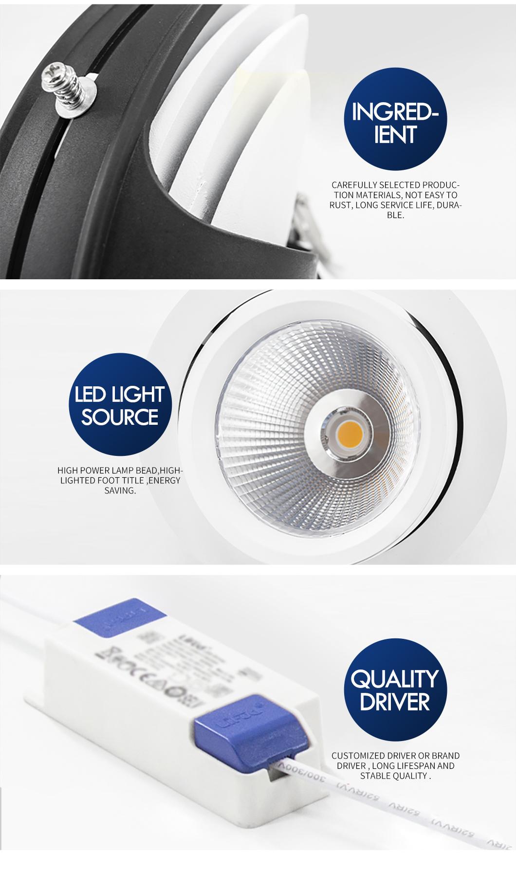 Aluminum Recessed COB LED Downlight LED Down Light for Bathrooms/Residential