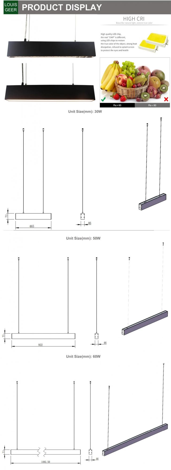 High Quality Aluminum Frame LED Linear Pendant Light Fixture Suspended Ceiling Lamp for Office