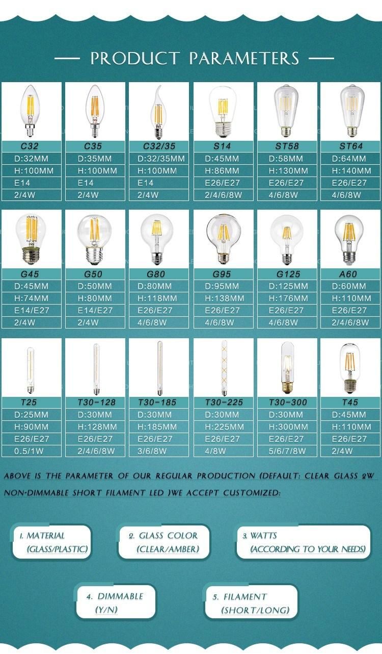 A60 8W LED Filament Bulb E27/B22 960lm 85-265V for Indoor Lighting with Ce RoHS 2 Years Warranty Times