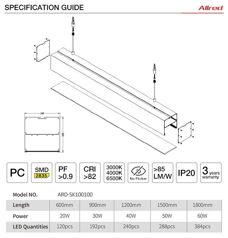 Recessed Replacement 30W Adjustable LED Tube Fixture Office Emergency LED Linear Light Batten Light