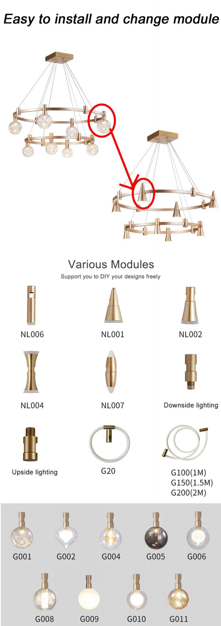 Gold Hot Sales Euro DIY LED Pendant for Living Room, Home, Villa and Hotel CE ETL Certification Amazing Decoration Modern Chandelier