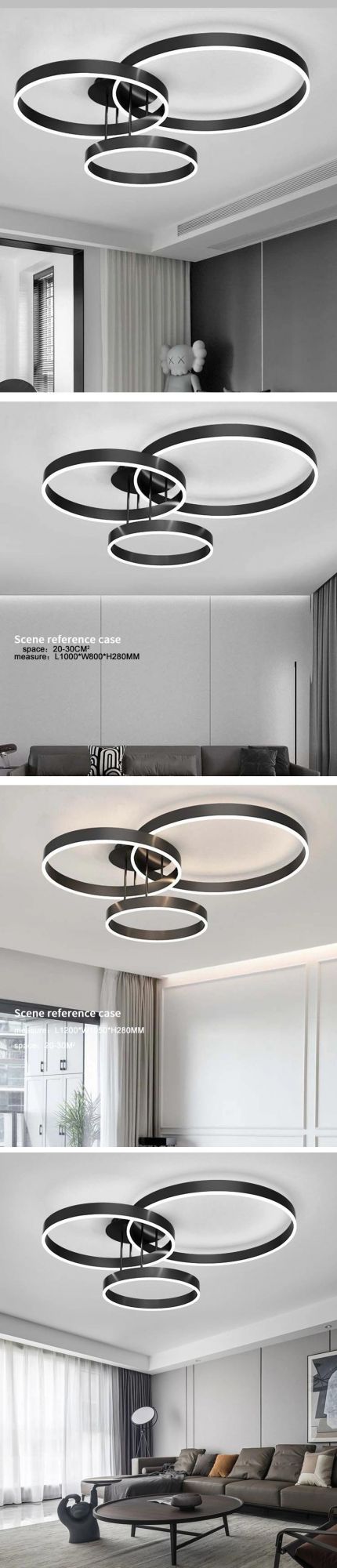 Modern Three Rings Black Aluminum Acrylic Living Room LED Ceiling Lamp