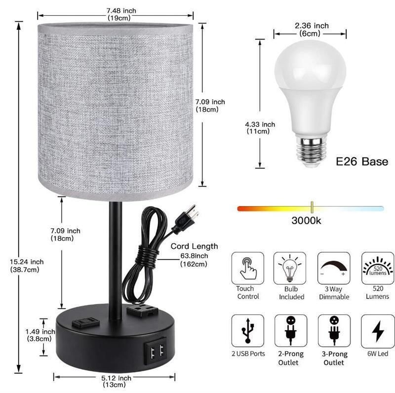 AC Plug Bedroom Bedside Lamp USB Rechargeable Touch Dimming LED Desk Lamp