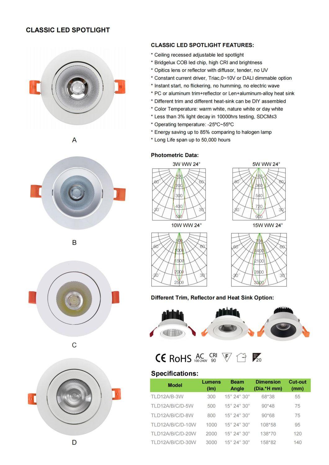 5W Classic Anti-Glare Ceiling Recessed Adjustable LED Spot Downlight for Commercial Project Office Hotel Apartment Residential Corridor Rooms Spotlight