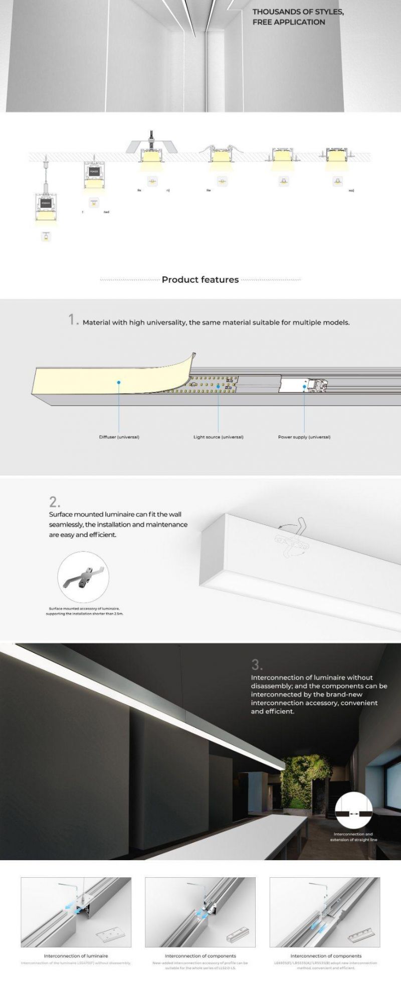 Mounted and Pendant Linkable DOT Free LED Linear Light for Office, Home, Shops, Decorative Site Linear Lighting