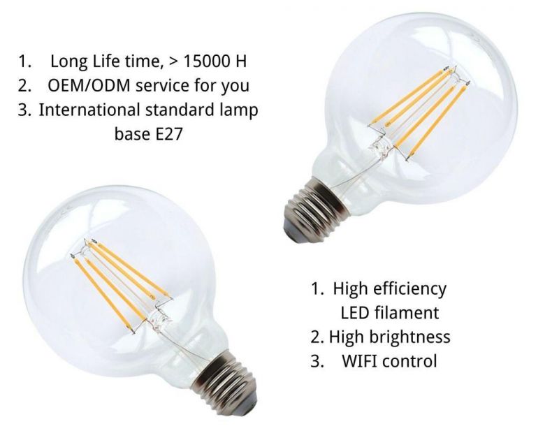 WiFi Control Dimmable Vintage G95 LED Filament Bulbs LED Lighting LED Globe Lamp E27 Base LED Bulb 6W LED Bulbs with Ce RoHS