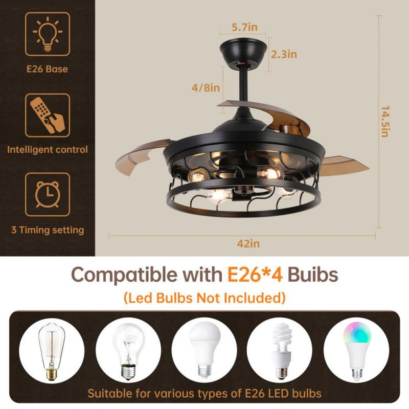 LED Ceiling Fan Industrial Silent AC Motor Hidden Blades Remote Control Lighting Ceiling Fan