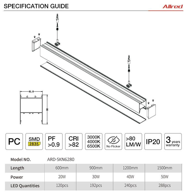 50W Modern Office Linear Batten Lamp Fashion Decorative LED Pendant Light