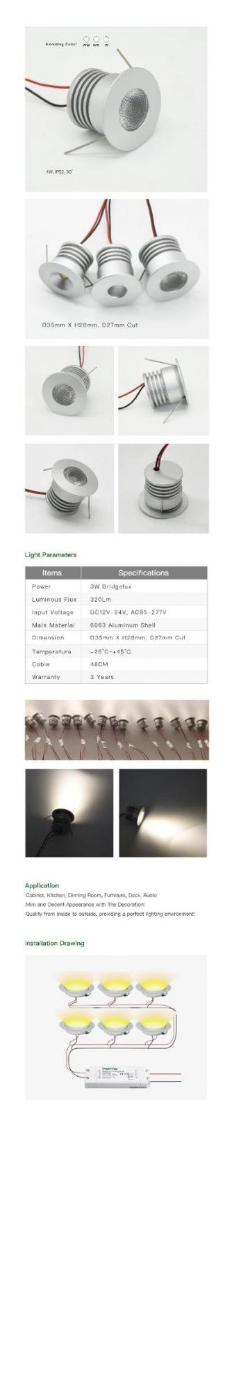 3000K Warm White DC12V-24V 4W Mini LED Ceiling Downlight for Showcase Cabinet Bulb Lamp