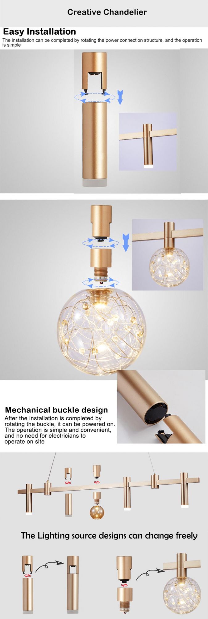 ETL CE Certification Gold Euro DIY LED Pendant for Living Room, Home, Villa and Hotel Creative Personality Decorative Modern Chandelier Lighting