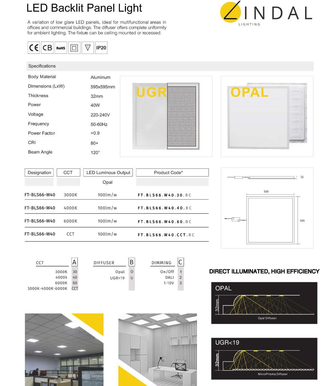 LED Backlit Panel Light 595X595mm 40W Ugr<19