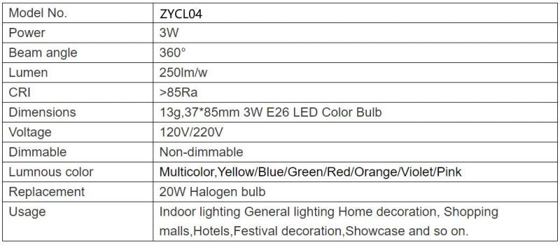 Colorful Small LED Bulb 3W C37 E27 Red/Yellow/Blue/Green/Orange/Violet/Pink LED Colored Bulbs for Christmas Tree