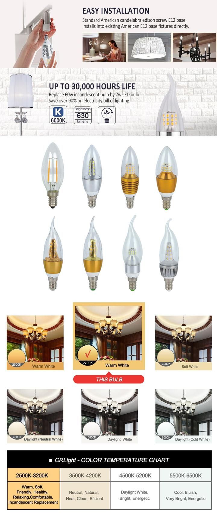 C37 Candle 3W 4W Filament LED Light Bulbs