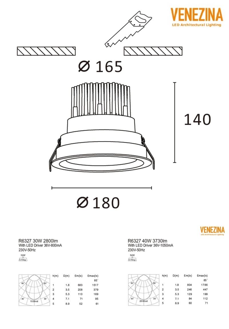 COB LED Factory Ce 30W/40W Wholesale Recessed Ceiling Downlight for Hotel/Shopping Mall/Musem/Bathroom