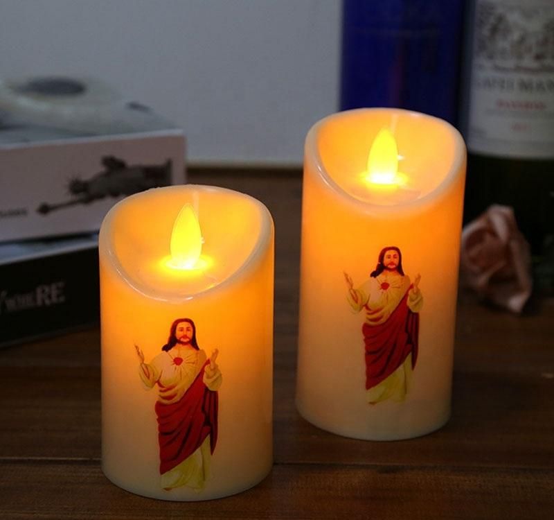 Cylinder LED Flameless Flickering Pillar Candle Jesus The Virgin Mary for Christmas and Religion