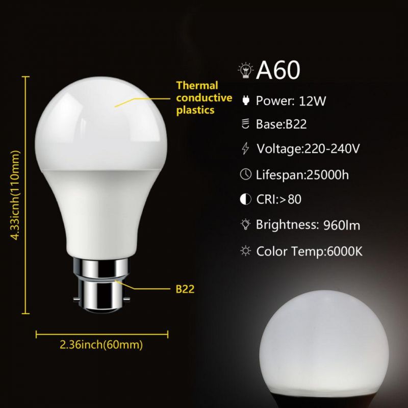 Perfect Dimming Effect Dimmable LED Bulb Light A60 12W E27/B22 LED Energy Saving Lamp for Indoor Lighting with CE RoHS ERP Approval
