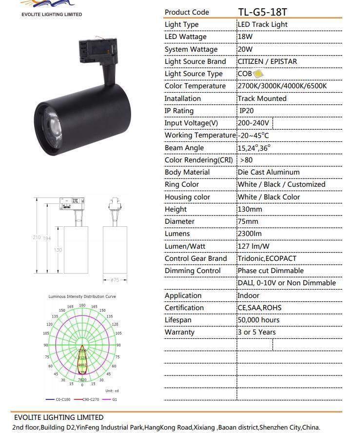 China Manufacturer Magnetic Track Lighting Factory LED COB Spot Track Light 20W