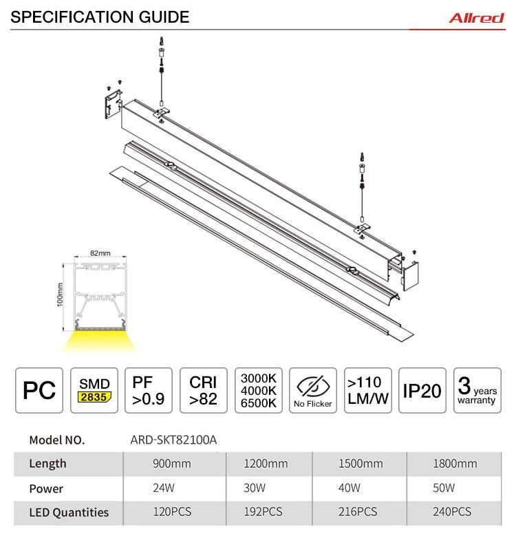 Anti Glare Ugr 19 Surface Mounted 4FT Linear Light Black White Silver Yellow Red LED Office Lighting Suspended Linear Light